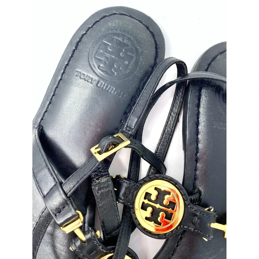 Tory Burch Black Leather Logo Medallion Thong Slingback Sandals Flat Size 9